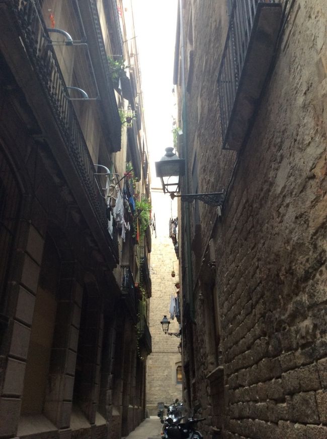 朝9時30分、サンツ駅に到着。<br /><br />宿泊は、DEL MARホテル。<br />ゴシック地区の外れ、最寄駅はバルセロネータ駅です。<br /><br />ホテルまでは、メトロで移動。ツアー料金の中にT-10(タルヘタ・ディエス)10回分の回数券が付いていたので、それを使用します。地下鉄、バスともに使用可能。しかも、1時間15分以内なら、乗り継ぎもOK。便利です。<br /><br />ホテルに荷物を預けて、街を散策。ゴシック地区をカタリューニャ広場まで歩きます。今日の予定は、ゴシック地区を散策した後、グエル公園を見学します。<br /><br />写真は、街中の裏通り。洗濯物が並んでいます。