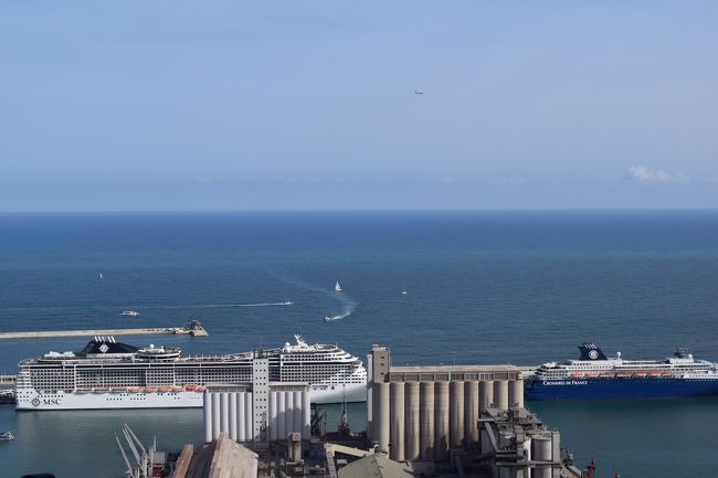 モンジェイックの丘から眺めた港と海。空にはかもめが飛んでいます。フランスと繋がっているという地平線を眺めます。