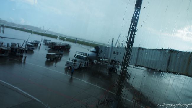 搭乗手続き中雨が降ってきた。<br />今回沖縄旅行中、一度も雨にあいませんでした。<br />日頃の行いが良いのかな〜？