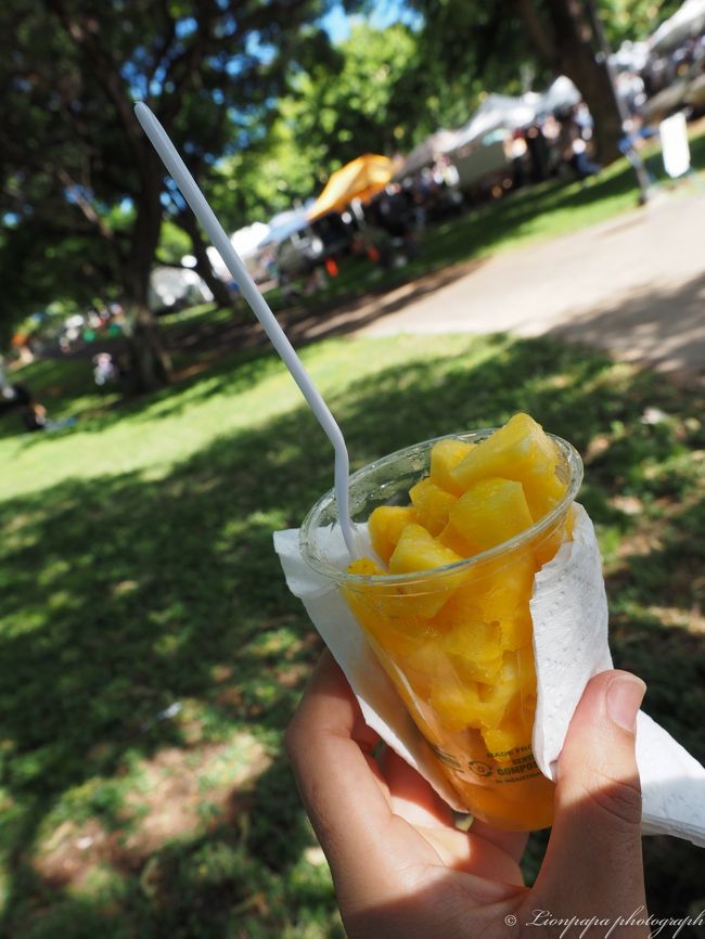 パイナップを買いました。<br />座って食べてホテルに戻りました。<br />帰りのトローリーは乗車する人で行列でした。<br />