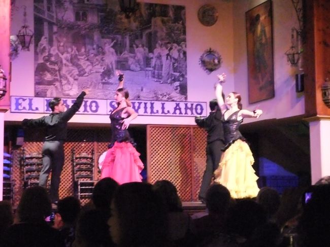 コルドバからバスでセビリヤへ移動し、今日の夜ご飯はフラメンコディナーショーです。でも、夜ご飯の味が合わず、ほとんど残してしまいました。<br />初めてフラメンコを見ましたが、迫力があり、見ごたえがありました。男性のフラメンコが一番記憶に残っています。