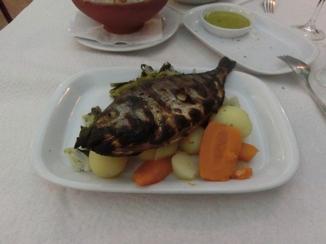 何か、デカイ魚の焼いたやつ。<br />焼き方自体は日本と変わらんね。焼き魚！って感じで食べやすかったです。<br />味は、鯵みたいな身でした。<br /><br />実は、メニューから魚！って選んだら、ことのほかデカくてビックリしました。<br />体調30〜40センチ程、鯛のような丸いシルエットです。