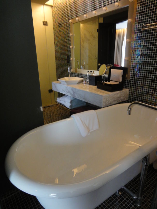 オシャレすぎてちょっと使いづらいバスタブ。<br />ちなみに、ここはバスルームもお部屋一体型。