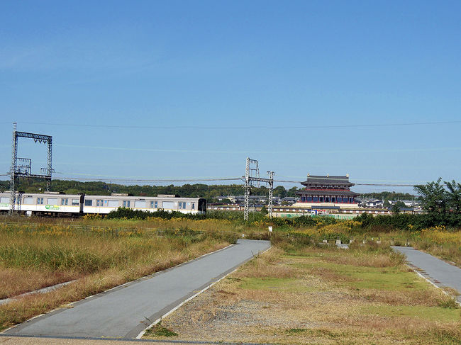 朱雀門と大極殿との間の朱雀大路跡の遺跡上を近鉄奈良線が横切っている