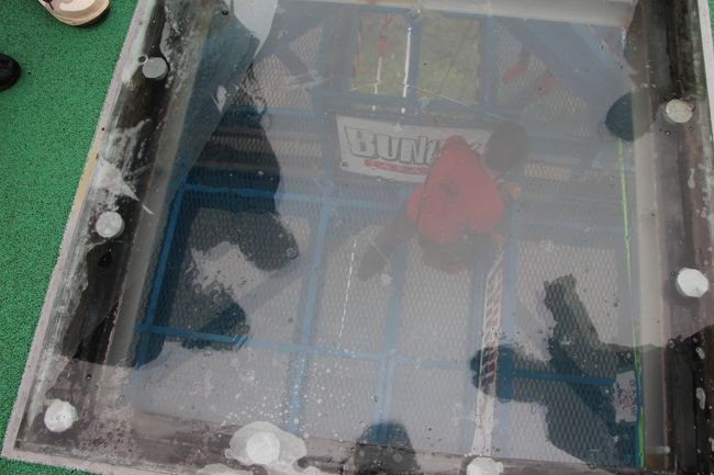 橋の中央付近です。<br />アクリル板の下では、バンジーをする人たちが待機しています。<br />笑い声なんかも聞こえてきてみんな楽しそう。すごいなー。