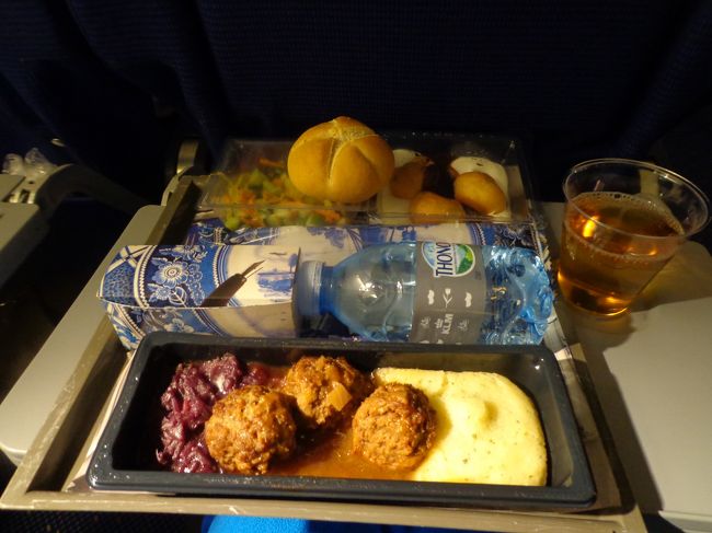 もうお腹空いて空いて。。<br /><br />最初の機内食は、オランダ風ミートボールのマッシュポテト添え。結構美味しかったです。後、サラダとホイップクリームが入ったチビシュークリームがホイップクリームのお風呂につかったデザート。小さいペットの水もついていました。和食は豚肉のしょうが焼きでした。