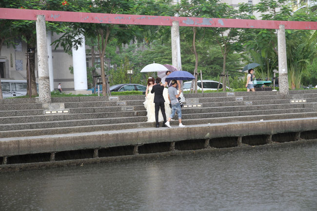 雨の中、おそらく結婚式の写真の前撮りをしてました。