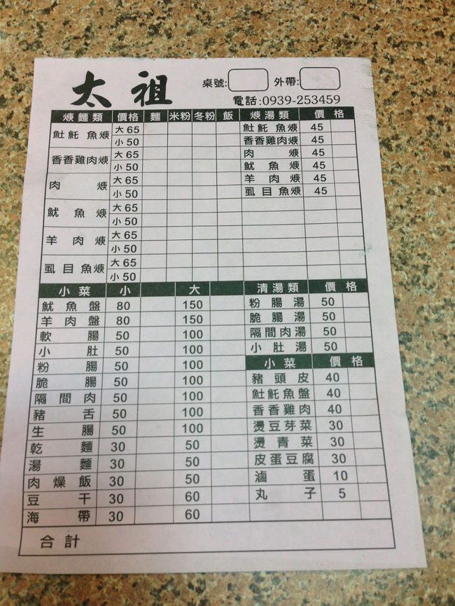 晩ご飯に、ちょっと背伸びして、地元の食堂へ行ってみた。<br />メニューは台湾語(？)だし、全く英語が通じないしで、なかなか難儀した。