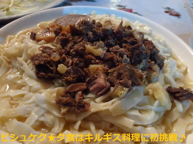そしてこちらベシュバルマクというらしいですが…なかなか出てこなくて注文して40分位で出てきました。しかも、麺がふにゃふにゃ…(-_-;)<br /><br />はっきり言ってマズかったです…(-_-;)<br /><br />おかしいなー？フロントの人におすすめのキルギス料理店って聞いてきたのに…なんだかとても残念ですが、ほとんど残してしまいました。<br /><br />775ソムでした。（≒15.5ドル）