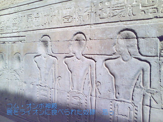 添乗員ドラさんが「高くふっかけてきますが￥800(円に換算)くらいに負けさせられれば成功。<br />頑張れば￥500」と言っていたのが、最初の店側の言い値は約￥5000!!<br />お話にならないわ。と、すぐに半額くらいには負けるがそこからはなかなか下がらない。 <br />ここで船の出発時間。ダメだもっとじっくりやらないと… <br /><br />↑腕をライオンに食われた奴隷のレリーフ…惨い