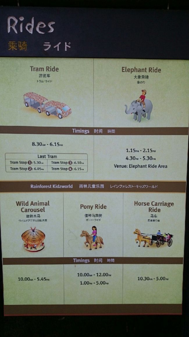 入り口に近いところで乗り物の時間が書かれてました。<br />今回はトラムには乗らず歩いて回りました。<br />広い園内ですがショーを見たり動物を見たりして回ったのでいい運動になりました。<br />時間がない方はトラムを使ってもいいかもしれません。