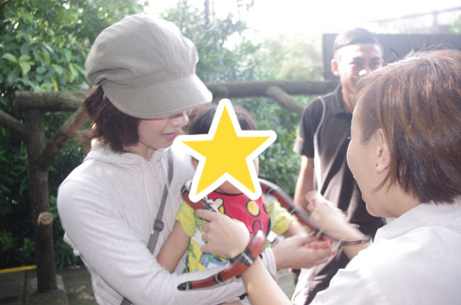 オランウータンの横ではヘビとも触れあえたので、せっかくなので子供にヘビを巻いてもらって写真撮りました♪<br />子供はヘビ年なのでいい記念になりました。