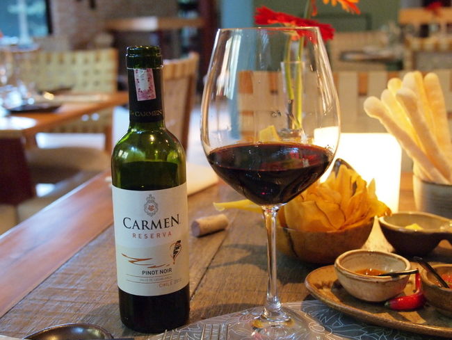 このようなお料理をいただくとき<br />ワインがないと、食事の楽しみが半減する<br />ワインリストを眺めてみたら<br />ラッキーなことにハーフボトルがあった<br /><br />　・CARMEN/Pinot Noir 2010　チリ産　４９レアル<br /><br />ブラジルのお料理にチリ産のワインは<br />あいそうな気がするよ♪