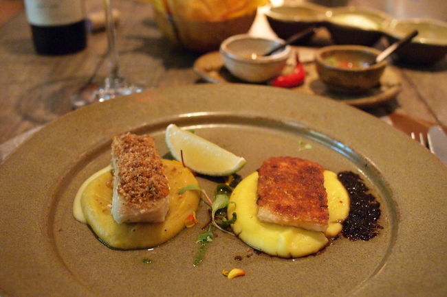 ブラジルというとなんとなく<br />肉料理の国のイメージがあるが<br />魚料理も豊富にある。<br /><br />メインコースのお魚料理は２種類<br />シーバスとTilcpic (?)<br />どちらもお魚とソースが絶妙にバランスしている