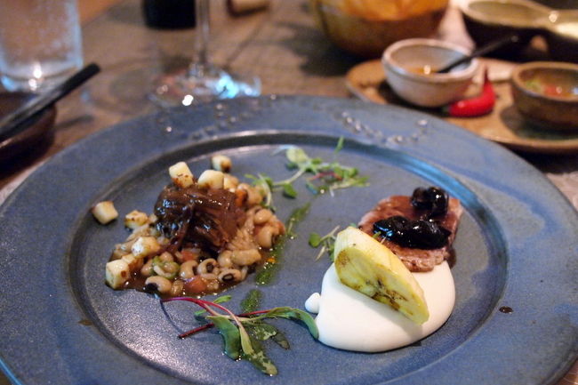 ブラジルに到着した日の夜に<br />連れて行ってもらったバーで食べた<br />かたまりの牛肉<br />とっても野性的でブラジルらしい肉だった<br /><br />きょうの２種類のお肉料理は<br />あの日の肉とはまったく別物だけれど<br />この洗練された肉料理はまた素晴らしい<br /><br />左が牛肉、右が豚肉<br />どちらもお肉の旨さを引き立てる<br />味付けとソース<br />チリ産の赤ワインにジャストフィット