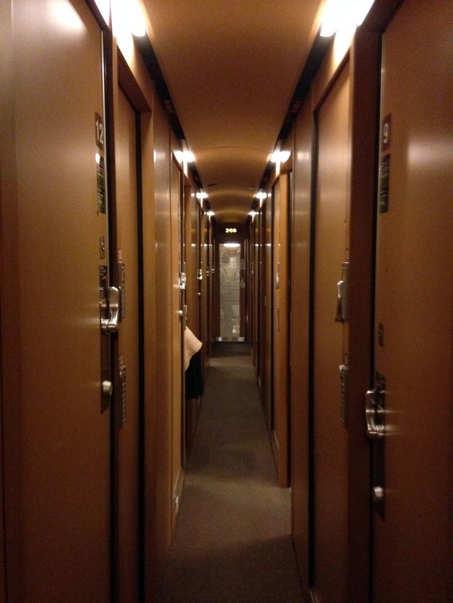 ソロの車両の通路。この車輛は動力車で床下に機器があり、台車より上の空間で上下2段の部屋としているので、部屋は超狭い。