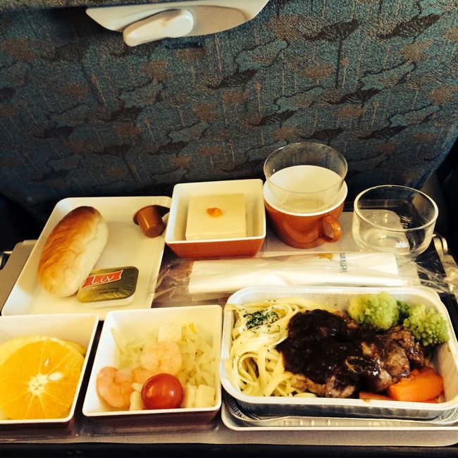 機内食はこんな感じ。<br />チキンのワイン煮に、海老のマリネ、パン、フルーツ、レアチーズケーキ。<br />