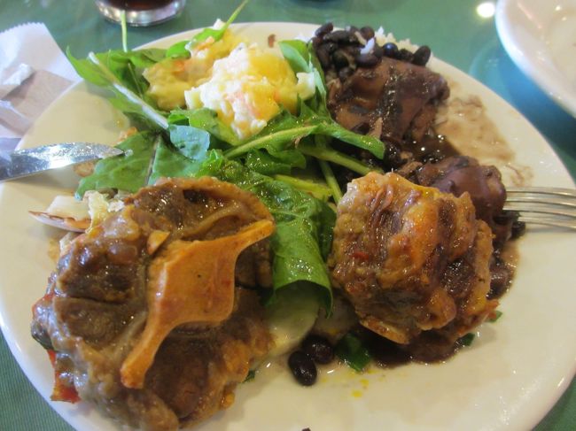 ハバーダ（牛テールの煮込み）<br />フェイジョアーダ（黒豆と豚臓物の煮込み）<br />バイキングで食べ放題の野菜サラダと共に