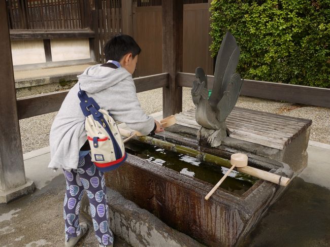 その前に手水舎でお清め。<br />あら。手水舎って龍が多いけどここは鳥だ！<br />鳳凰なのかな？？<br />飛鳥様式なデフォルメされた鳳凰はある意味今風だと思う。<br /><br />そしてお清めしてる男の子、オシャレ・・・(どうでもいい；)