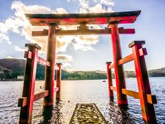 さて、お詣りが済んで、芦ノ湖方向に向かうと、湖畔に浮かぶ「平和の鳥居」があります。しばらくすると…