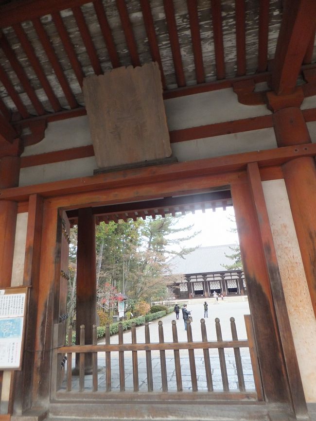 12:20<br />歩いて20分ほどで、こちらも世界遺産<br />★唐招提寺 南大門★に到着。<br /><br />唐招提寺は、南都六宗の一つである律宗の総本山です。<br />多くの苦難の末、来日をはたされた鑑真大和上は、東大寺で５年を過ごした後、新田部（にたべ）親王の旧宅地（現在の奈良市五条町）を下賜されて、天平宝字３年（759）に戒律を学ぶ人たちのための修行の道場を開きました。<br />「唐律招提」と名付けられ鑑真和上の私寺として始まった当初は、講堂や新田部親王の旧宅を改造した経蔵、宝蔵などがあるだけでした。<br />金堂は８世紀後半、鑑真和上の弟子の一人であった如宝の尽力により、完成したといわれます。<br />現在では、奈良時代建立の金堂、講堂が天平の息吹を伝える、貴重な伽藍となっています。<br />=唐招提寺オフィシャルサイトより=