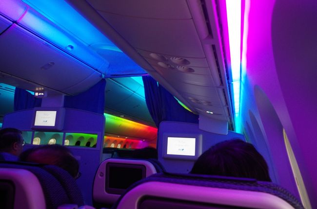 到着後の謎の787レインボー照明。これ何か意味あるんですかね。