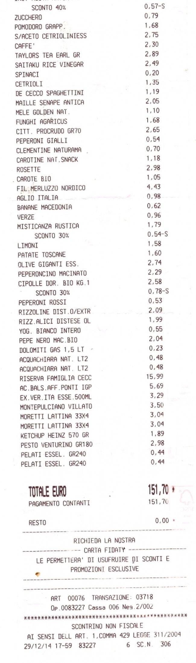 全部で151.7ユーロ　フィンランドなら軽く200ユーロ越えるだろう．私たちの買い物では少ない方．トイレットペーパー，アルミホイル，サランラップからオリーブオイル，小麦粉まで．まあ今回はフィレンツェで2泊，Riomaggioreで4泊自炊するのでそう無駄にはならないだろう