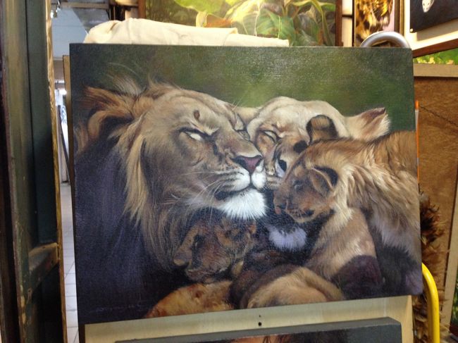 ライオンの親子の仲よさそうな油絵<br /><br />すごく素敵<br /><br />4000Ｂ
