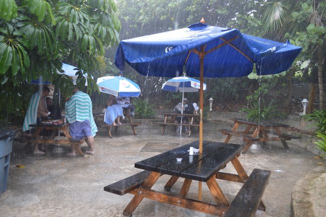 少し空が曇ってきたと思ったら、突然のスコールが。慌てて避難。