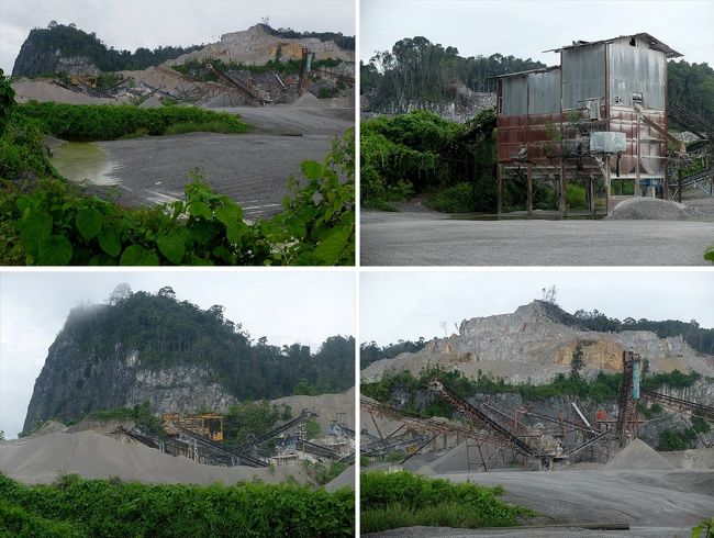 クチンに帰る道の途中にも石灰岩でできた岩山がいくつか。<br /><br />ここは山全体を切り崩す勢いの露天掘りをしているみたい。<br /><br />数年経ったら、隣の岩山も無くなるかも？