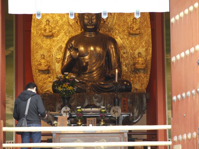 ではお参りを・・・<br /><br />金堂にいらっしゃる方こそご本尊、薬師瑠璃光如来さんです。<br />こちらには薬師三尊がおまつりされてて薬師如来さんの両脇には日光菩薩さんと月光菩薩さん。<br />暖かく見守ってくださるようなふっくらしたお顔の薬師如来さんにしっかりしっかりお参り。<br /><br />後日談になりますがとってもご利益をいただけました！！<br />その後お礼参りに行きました＾＾<br />