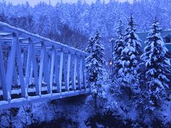 橋を渡った場所からの1枚。白金温泉に灯りがともり始めました。雪がやんだので「青い池」にももう一度行ってみることに。