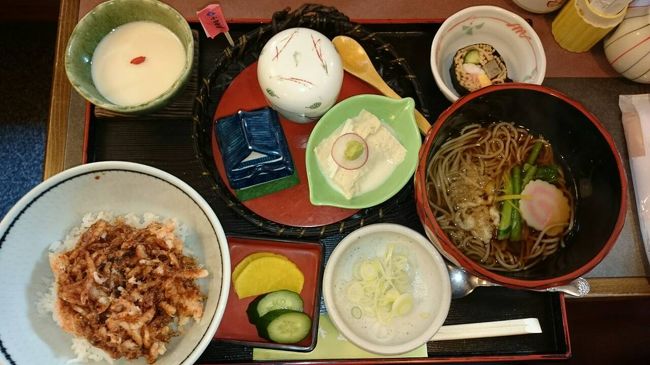 お蕎麦+さくら海老丼+豆腐ﾌﾟﾘﾝなどなど。<br />美味しかった(*´〜｀*)ŧ?"ŧ?"ŧ?"。<br />