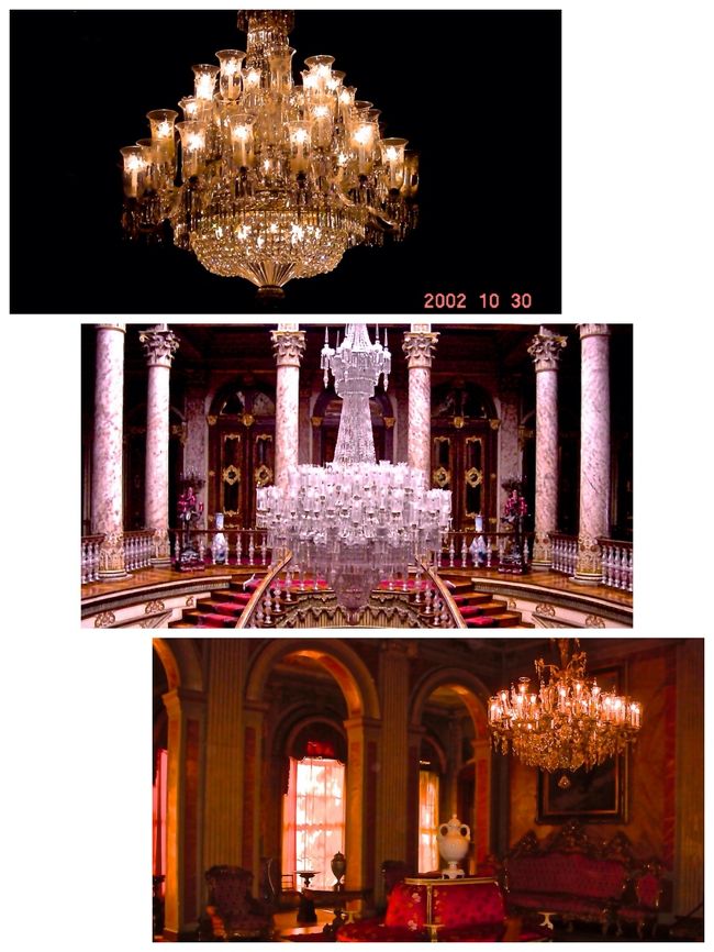 この画像は、１２年前に訪れた<br />際のものです。<br />当時、１日の回数の多かった英語ツアー<br />（日本語ツアーは要予約で料金も高く<br />１日１回しかありませんでした。）<br />で宮殿内を見学しました。当時は、カメラは<br />撮影料金を別途払うとフラッシュ撮影以外は<br />撮影が可能でした。<br /><br />宮殿内は、予約者優先で１日３０００人の入場制限があります。<br />その展示品は、ヨーロッパからの献上品などが、ずらりと並んで<br />います。<br /><br />画像中段の巨大シャンデリアは<br />見学コースの最後に通る<br />豪華絢爛「儀式の間」で吹き抜けの天井<br />高さ３６mから吊るされている<br />バカラ製で重さ4,5トンで56本の円柱と<br />750個のキャンドルがついた大シャンデリアです。<br /><br />