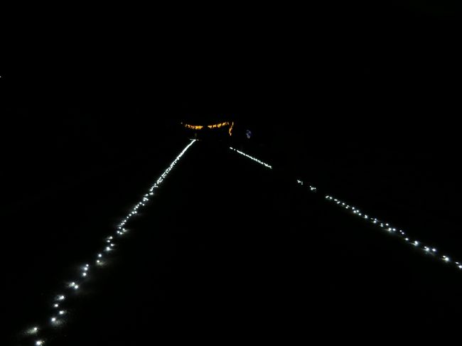 暗闇です、両側の誘導灯が頼りです