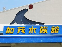 加茂水族館が見えてきました！　看板かわゆい。