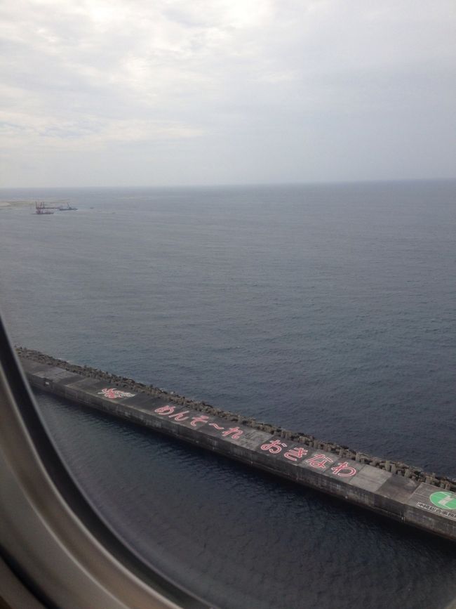 着陸寸前<br /><br />めんそ〜れ^_^<br /><br />那覇空港到着<br />13時55分でした<br /><br />到着後 携帯の電源入れると<br />ANAから 那覇→羽田 出発遅れのメールが〜<br />14時40分 出発との事。<br /><br />沖縄滞在時間 45分です<br /><br /><br />