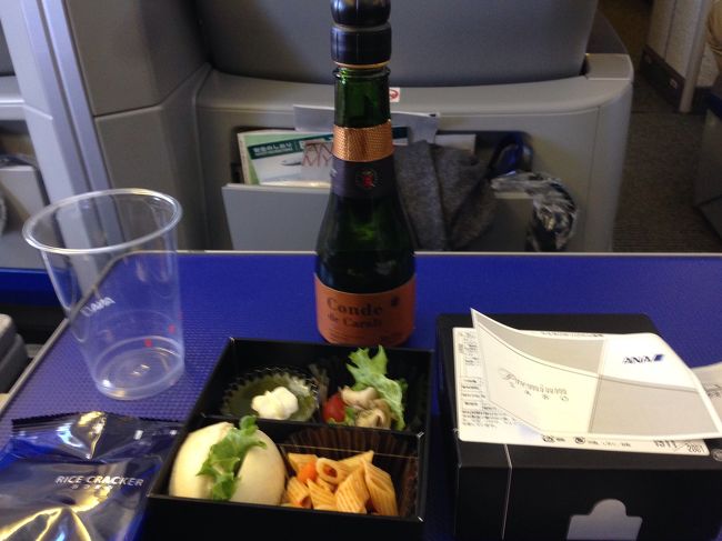 帰りの食事です<br /><br />スパークリングワインいただきました〜<br /><br />やっぱり 往路のCAさんと 復路も同じでしたね（笑）<br /><br />向こうは修行とわかってるだろうな〜<br /><br /> フライトの途中<br />機長さんが 今日で退職されるCAさんが いまして アナウンスで 最前線で頑張っていた CAさんに感謝の意を述べてました^_^<br />なんか じ〜ん ときちゃいました<br />CAさん お疲れ様でした<br /><br /><br />17時くらいに無事 羽田到着です<br />リムジンバスと電車を乗り継いで 18時半すぎに 自宅到着です<br /><br /><br />獲得プレミアムポイント　5,720P　<br />累計獲得ポイント 11,440P<br />残り　38,560P<br /><br />つづく
