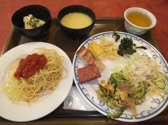 二日目の朝。<br />昨晩あんなに食べたくせに、朝食付きだったため朝食会場へ。<br />ちょっとだけ食べようかなとか言ってたくせに、、、<br />バイキングですが和食・洋食・沖縄料理がありました。<br />沖縄豆腐「うちなーとうふ及びうちなーのゆしどうふ」がすっごく美味しかった♪