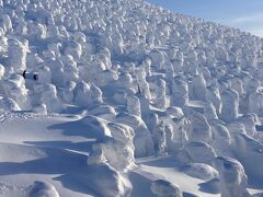 お腹を満たしたのちは一路蔵王温泉スキー場へ！
東北中央自動車道を終点の山形上山ICまで走ると、すぐそこから蔵王への登り道に直結していて、山形市内の渋滞も回避でき、利便性が高い有料道路です。
スキー場の駐車場に車を停め、ロープウェイで山頂駅へ！
ロープウェイ乗車に20分ほど待ちましたが、そんなイライラはこの景色を見た瞬間吹っ飛びました！
雲ひとつない青空の下に広がる樹氷原！
素晴らしいのひと言です！
