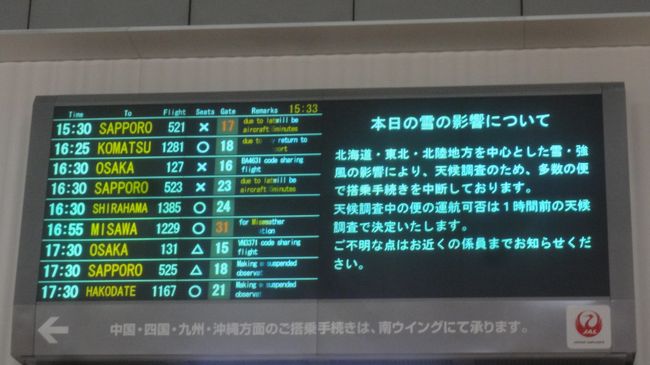 この日の東京は薄曇りでしたが、北海道、東北、北陸地方は荒れ模様。出発便、到着便とも遅れが目立ちます。