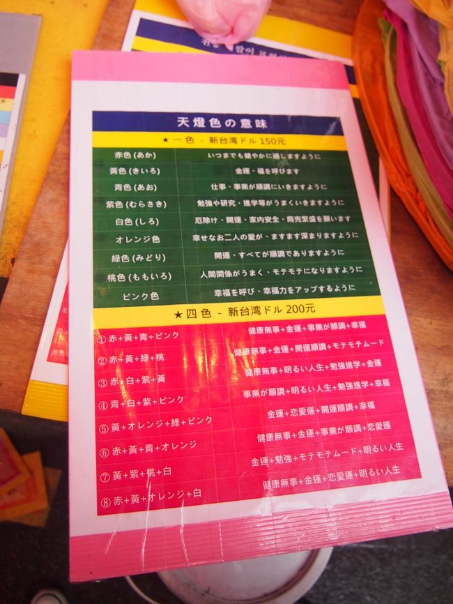 一番近くにあった、ランタンのお店へ。<br /><br />ランタンは値段は、<br />1色のランタンは150元、4色のランタンは200元でした。<br />値段は、どこのお店でも一緒な模様。<br /><br />いろんな効果があって、めっちゃ悩む。<br />欲張りな私達は、もちろん4色。<br /><br />一番上の、赤・黄・青・ピンクを選択(・∀・)