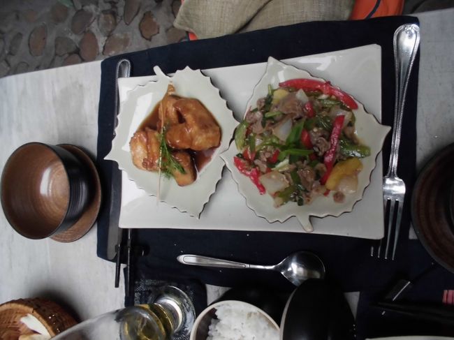 豚肉の玉葱とアプリコットとパイナップル炒め<br />魚の切り身甘酢あんかけ