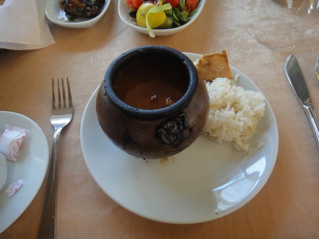 メニューは写真付きの英語だったので非常に分かりやすい。この中から好きな物をと言う事だった。とりあえず定番の壺焼きシチャーとキョフテにした。味付は濃いめかな。まぁ可もなく不可もなく。<br />前菜やサラダももれなく付いてきて、とても全て食べ切れる量ではなかった。