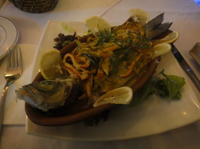 魚の唐揚げ？カレー味だったかな。１匹丸ごとだったので途中で飽きる。そういえば、このレストランに限らず、トルコのレストランでは数品の前菜が付いていた。特にヨーグルトを使用したものが多かった。ヨーグルト発祥のバルカン半島に近いからかな。