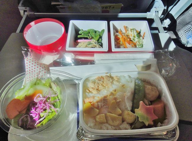 機内食は和食の栗ごはんを選択。２食目はカツサンドで、どちらも間違いない味だった。日系の航空会社はこの点では安心。