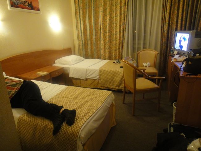 このホテルは簡素でポットがなく、バスルームもご覧の通りでアメニティ等も一応あるにはあるのだが、シャンプー等は１回分の使い切りの物があるだけだったので持参した方がよい。水圧、温度は問題なし。<br />部屋は狭いがスーツケース２つ広げられるスペースはあった。添乗員の話ではロシアでは珍しく冷蔵庫のあるホテルと言っていたが、冷蔵庫ですら珍しいのか･･･。エアコンはないが、窓側にオイルヒーターがありダイヤルで温度調節は可能。無料WIFIはスムーズに使えた。