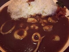 昨日もドライカレーだったしな、と思ったけどやっぱり見たら食べたくなっちゃったので、島カレー（シーフードカレー）を。
味は普通のカレー。でも量が多い！

飲み物はまた直島ビールにしようと思ったけど、やっぱり寒いのでホットコーヒーで。