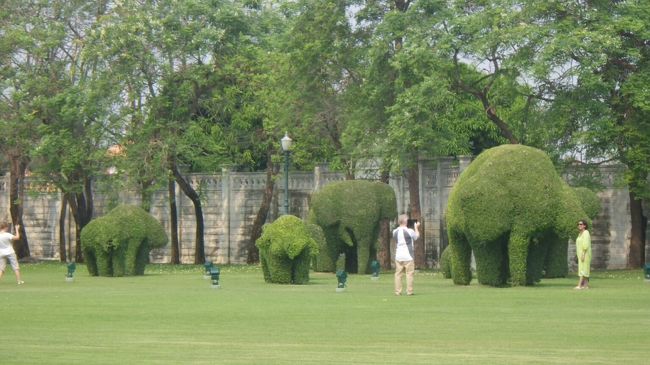 2日目。<br />ホテルを8時に出発。<br />スペースバス主催のアユタヤ遺跡＋バンパイン宮殿ツアーに参加。(1100バーツ)<br />日本人二人、二人、三人の三組のツアーでした。<br />バンパイン宮殿 庭の象