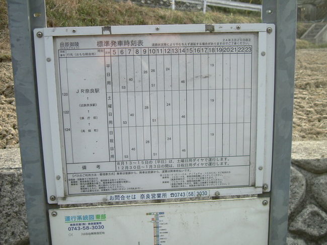田原御陵前　バス停<br /><br />なななんと！奈良市街へのバスは、2時間ほど待たないと来ません。<br /><br />ええ〜い、ままよと、悲鳴を上げかけた足を叱り付け、来た道を戻ったのであります。<br /><br />次回来る機会があれば、必ず片道はバスに乗れるよう計画を組むでしょう！